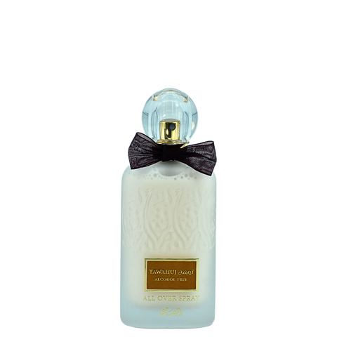 Rasasi Tawahuj All Over Spray Alcohol-Free Eau De Parfum 100ml with velvet pouch, featuring elegant bottle design and branding.