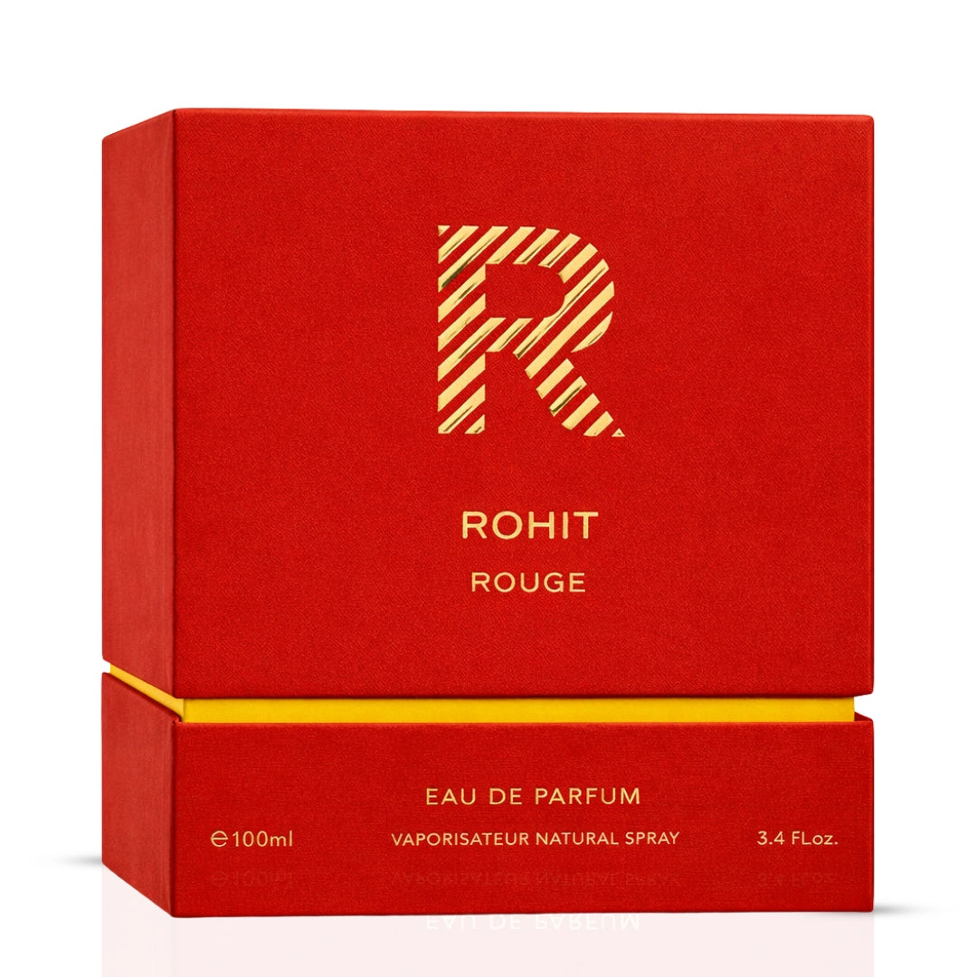 Bharara Rohit Rouge Eau de Parfum spray bottle, 100ml, with elegant packaging and floral fragrance design.