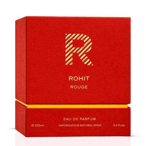 Bharara Rohit Rouge Eau de Parfum spray bottle, 100ml, with elegant packaging and floral fragrance design.
