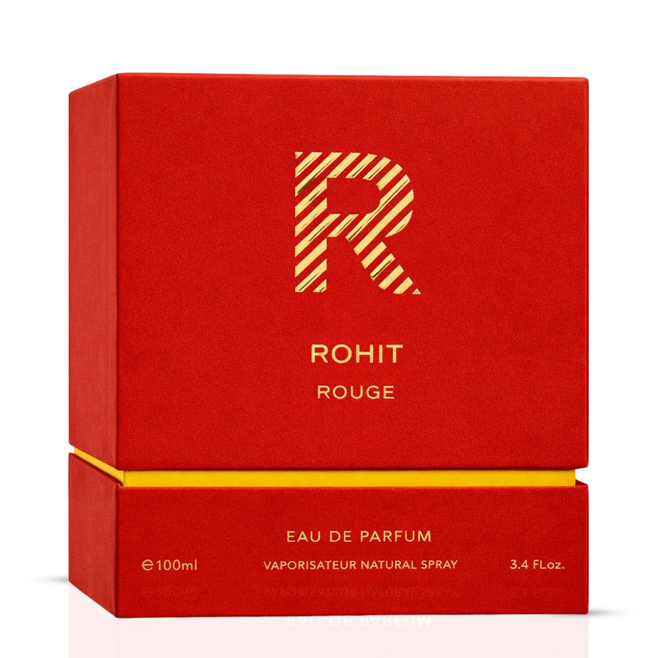 Bharara Rohit Rouge Eau de Parfum spray 100ml bottle with elegant packaging and floral scent design visible.