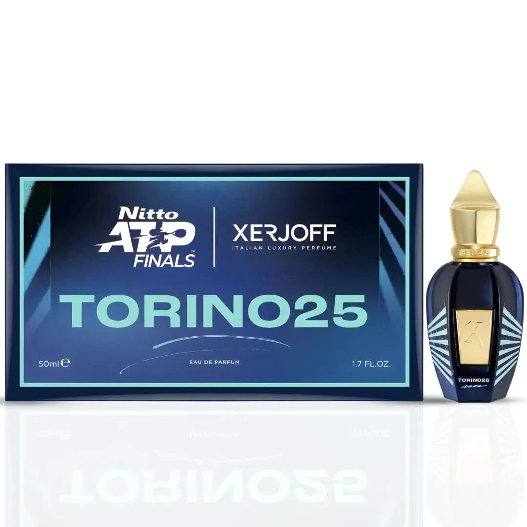Xerjoff Torino 25 Eau de Parfum spray 50ml, elegant glass bottle with black cap, showcasing luxurious fragrance packaging.