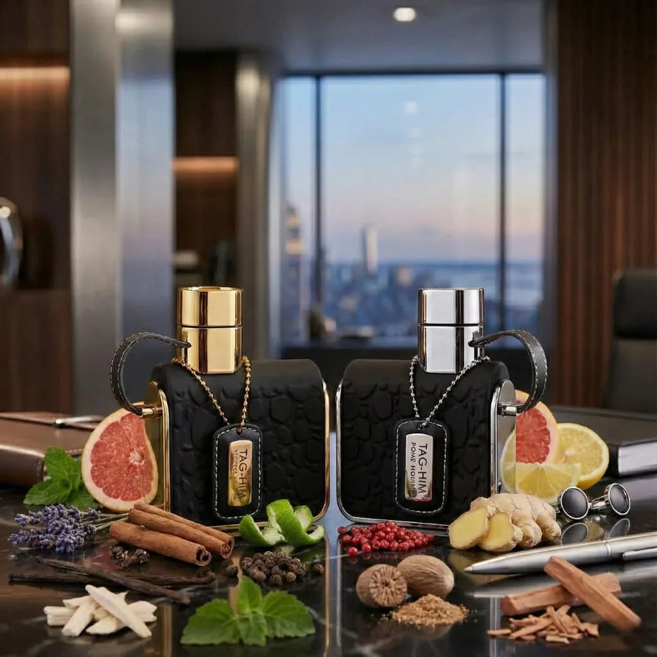 Bundle of Armaf Tag Him Eau De Parfum and Prestige Edition Eau de Toilette sprays, 100ml each, featuring sleek bottles and stylish packaging.