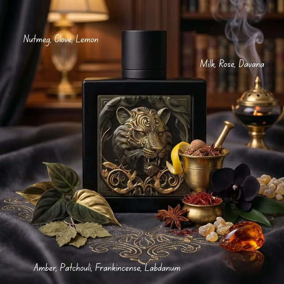 Rayhaan Tiger Eau de Parfum Spray 100ml, featuring a sleek bottle design and vibrant tiger-themed packaging.