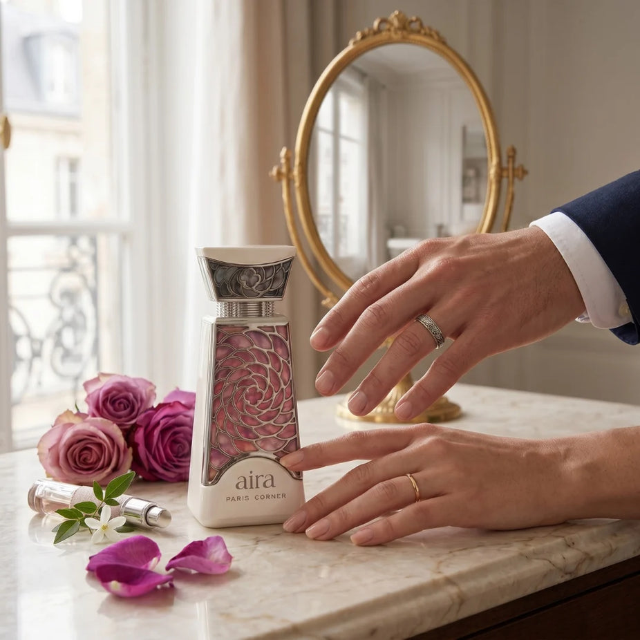 Paris Corner Aira Eau De Parfum Spray 100ml bottle, elegant fragrance with floral and woody notes, in a sleek glass design.