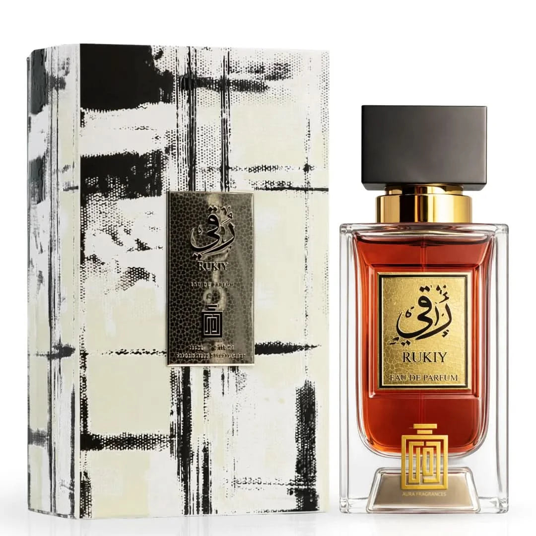 Aura Fragrances Rukiy Eau De Parfum Spray 100ml bottle with sleek design and elegant packaging.