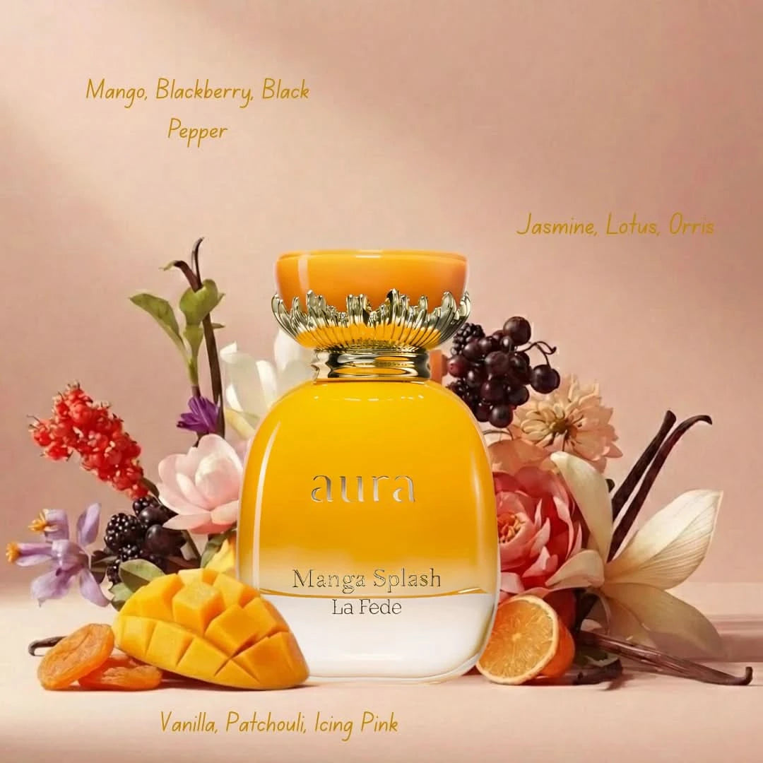 Khadlaj La Fede Aura Pista Dessert and Aura Manga Splash Eau de Parfum spray bundle, 100ml, featuring elegant fragrance bottles.