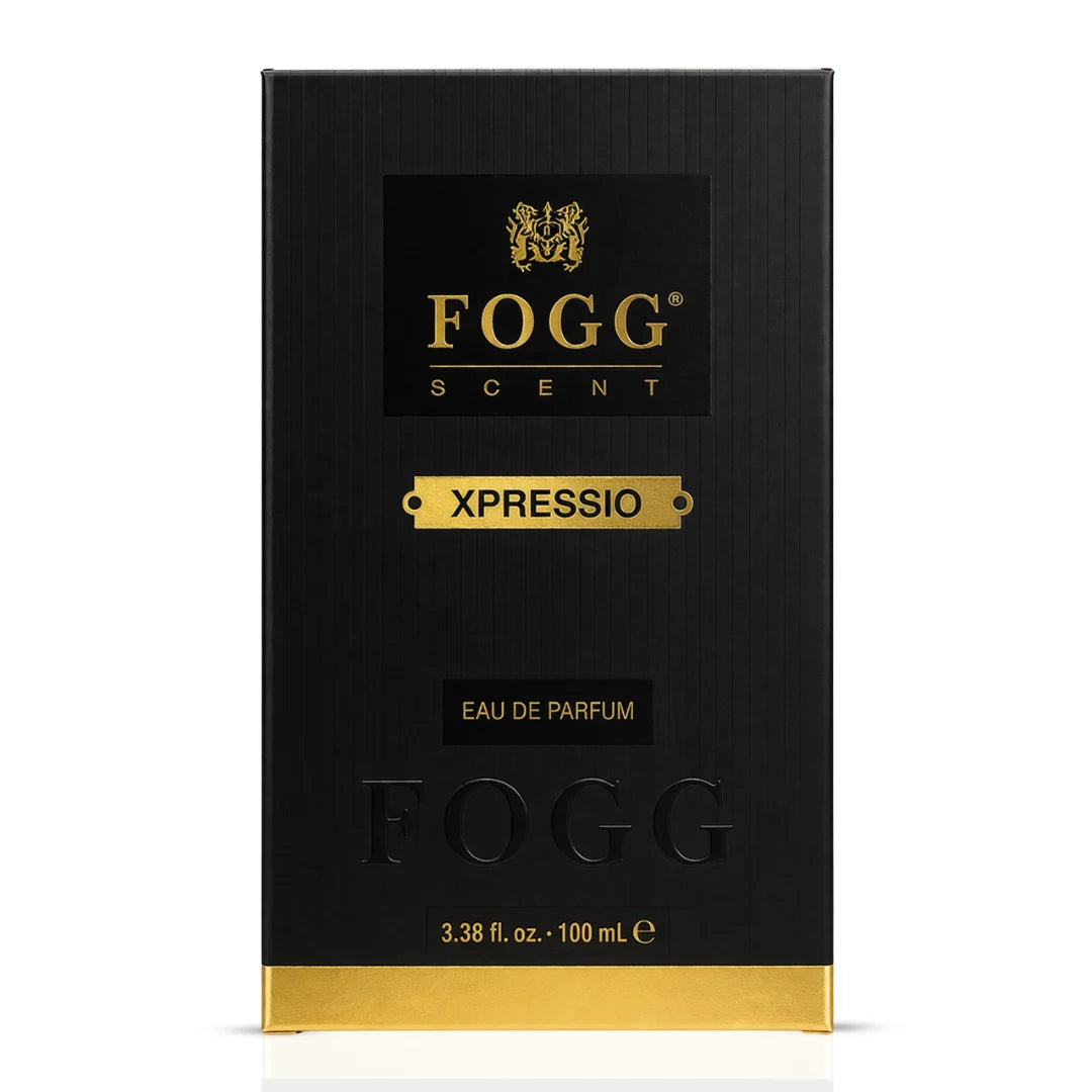 Fogg Xpressio for Men Eau de Parfum spray 100ml bottle with sleek design, showcasing the Fogg brand and product label.