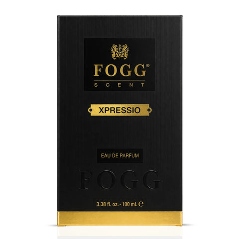Fogg Xpressio for Men Eau de Parfum spray 100ml bottle with sleek design, showcasing the Fogg brand and product label.