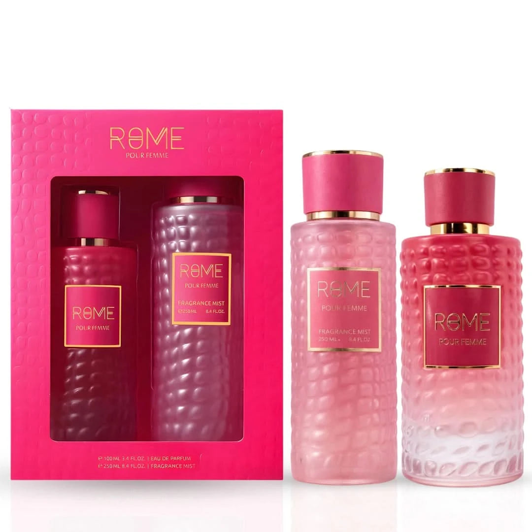 Rome Pour Femme Mast Perfume 2-piece gift set with elegant bottles, featuring floral and sensual fragrance themes.