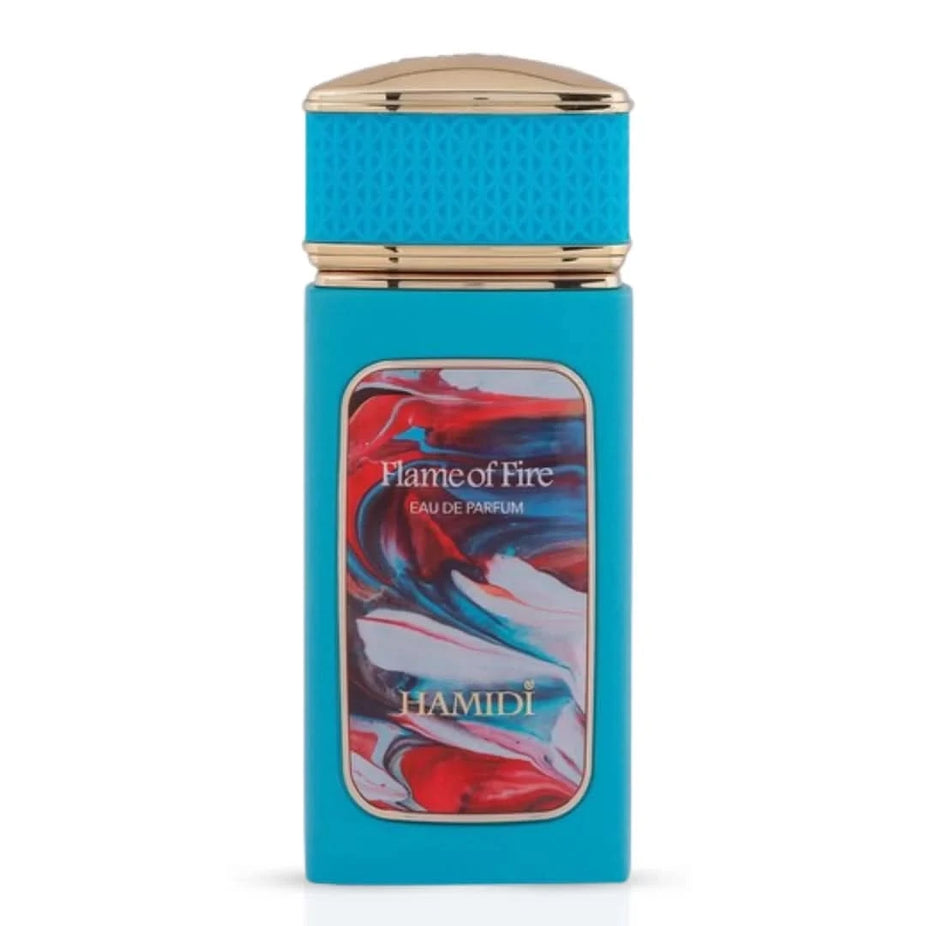 Hamidi Flame Of Fire Eau De Parfum spray 100ml with fiery red and black bottle, elegant packaging, and floral and spicy scent details