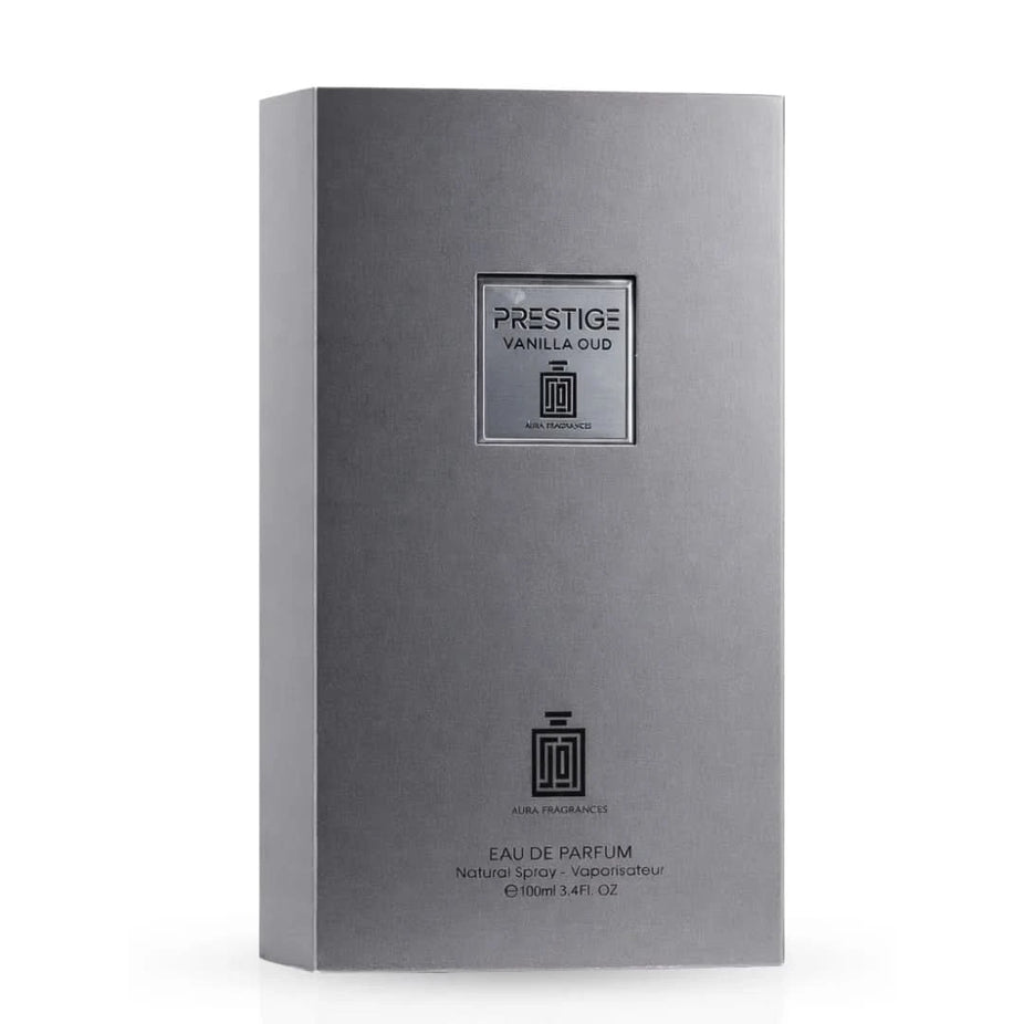 Aura by Aura Prestige Vanilla Oud Eau De Parfum spray, 100ml bottle, showcasing the elegant fragrance bottle with vanilla and oud notes.