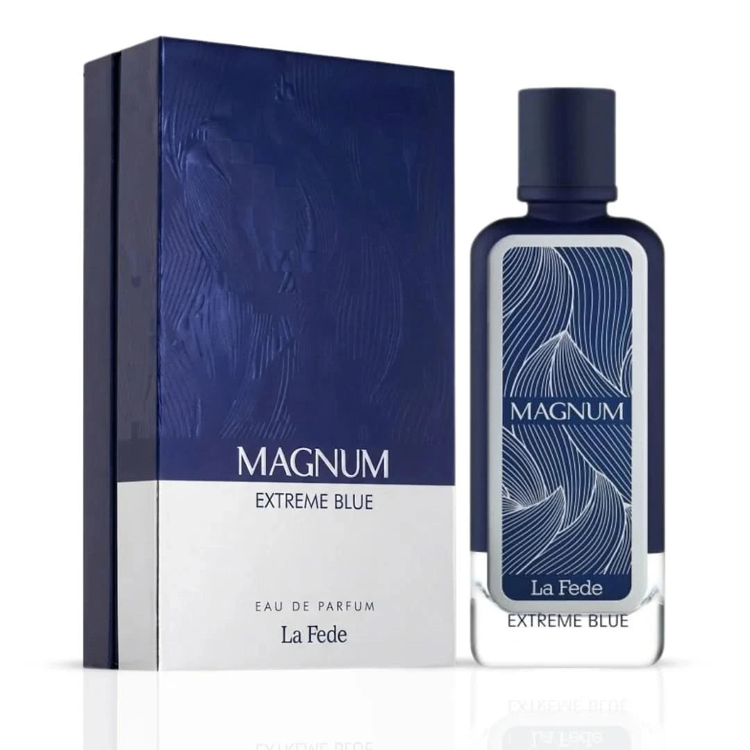 Bundle of Khadlaj La Fede Magnum Wild Green and Extreme Blue Eau de Parfum sprays, 100ml each, featuring vibrant green and blue bottles.