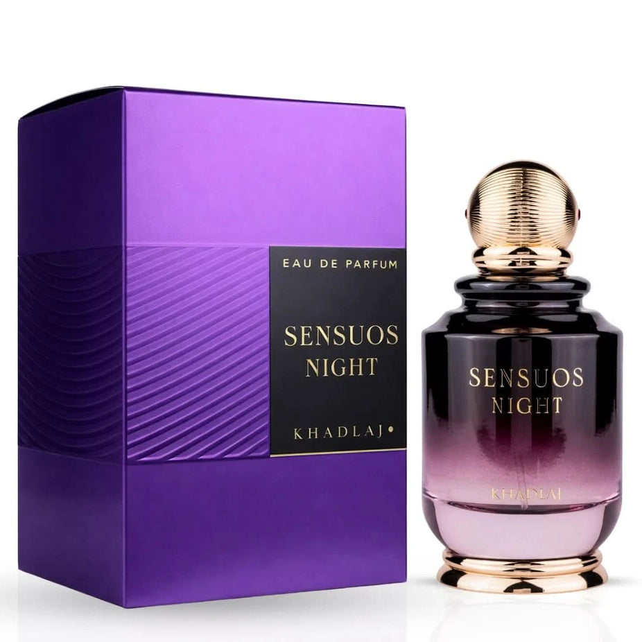 Khadlaj Sensuos Night Eau de Parfum spray, 100ml bottle, elegant packaging, showcasing the fragrance with a sleek design.