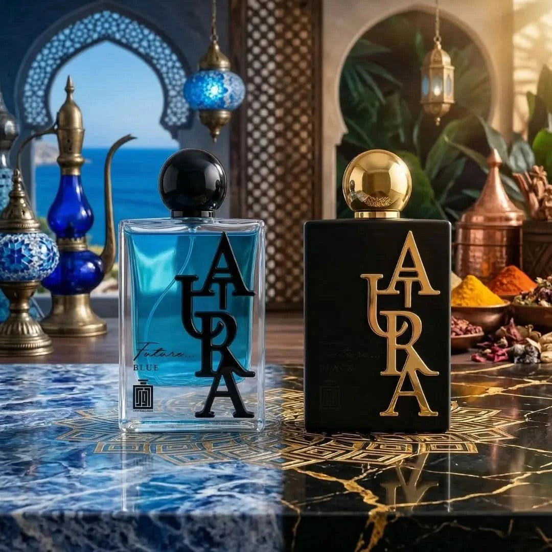 Aura Fragrances Future Blue and Future Black Eau De Parfum Spray bundle, 100ml bottles, featuring sleek perfume packaging.