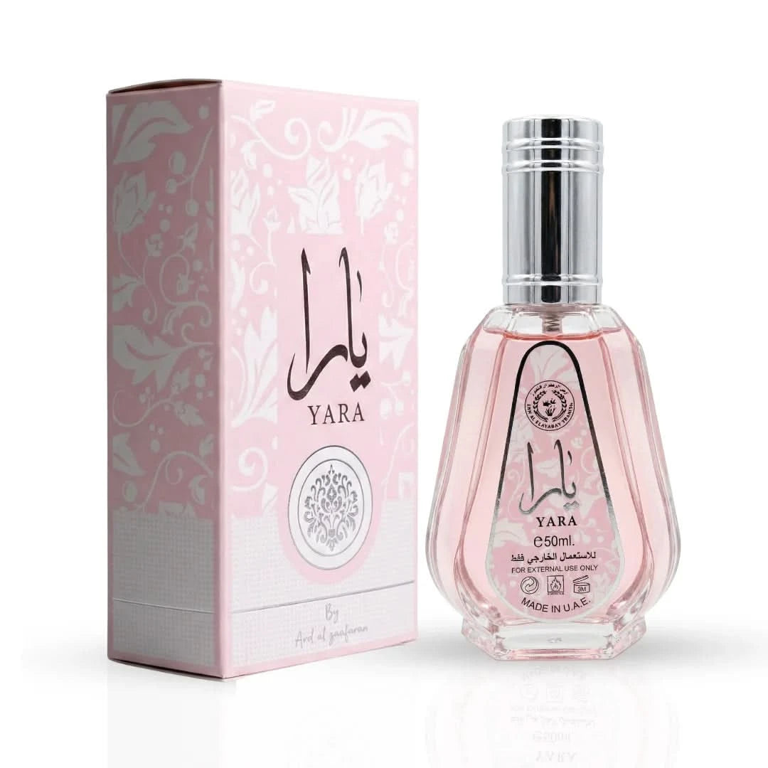 Bundle of Ard Al Zaafaran Yara Eau de Parfum spray and Pink Blush Khususi roll-on perfume oil, featuring elegant perfume bottles.