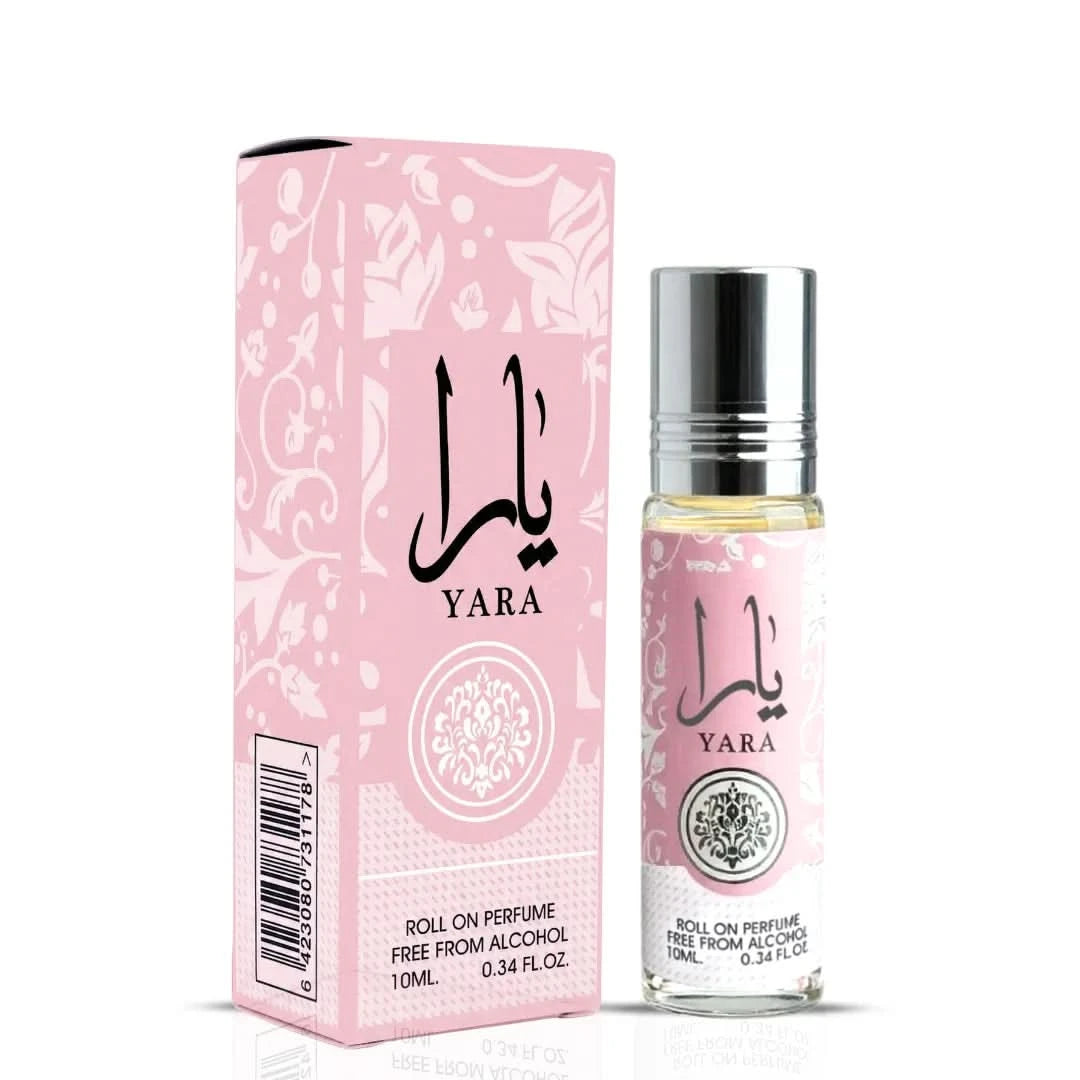Pink Blush Shams Al Emarat Khususi and Yara perfume oils by Ard Al Zaafaran in 10ml bottles, featuring floral and oriental scents.