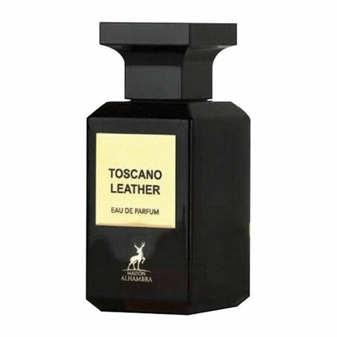 Maison Alhambra Toscano Leather Eau de Parfum spray 80ml with velvet pouch, featuring a sleek bottle and elegant design.