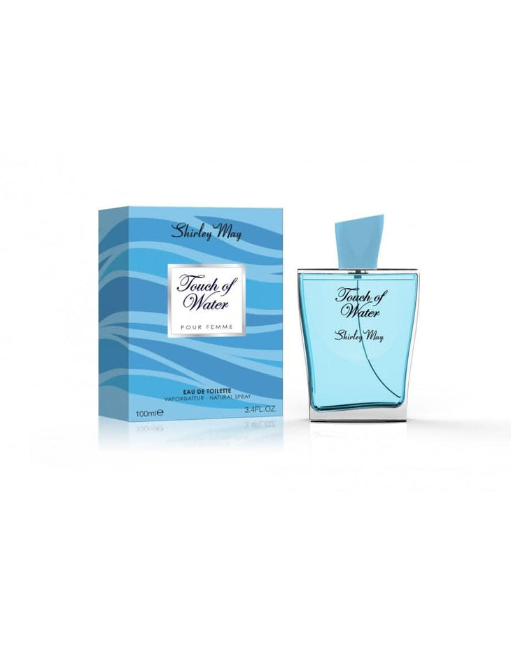 Shirley May Touch of Water for Women EDT 100 mL in a velvet pouch, featuring a sleek glass bottle with floral and aquatic design.