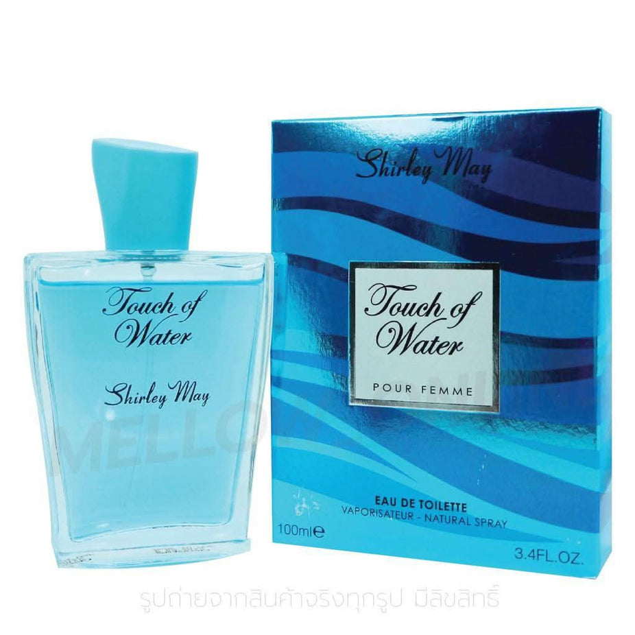 Shirley May Touch of Water for Women EDT in a velvet pouch, 100 mL (3.4 oz), with elegant packaging and floral fragrance imagery