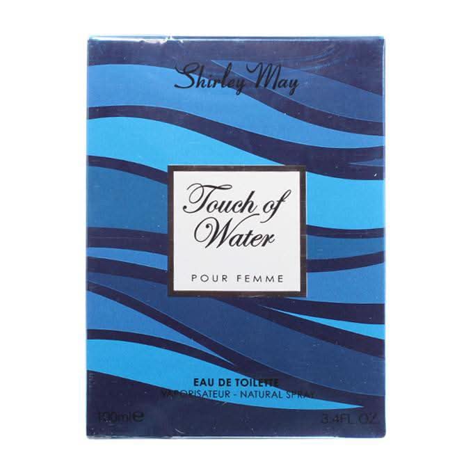 Shirley May Touch of Water for Women EDT 100mL in a velvet pouch, featuring a sleek perfume bottle with elegant design.