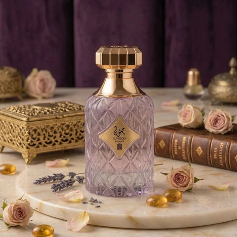 Aura Fragrances Junoon Romance Eau De Parfum spray bottle, 100ml, elegant design with floral and oriental scent details.