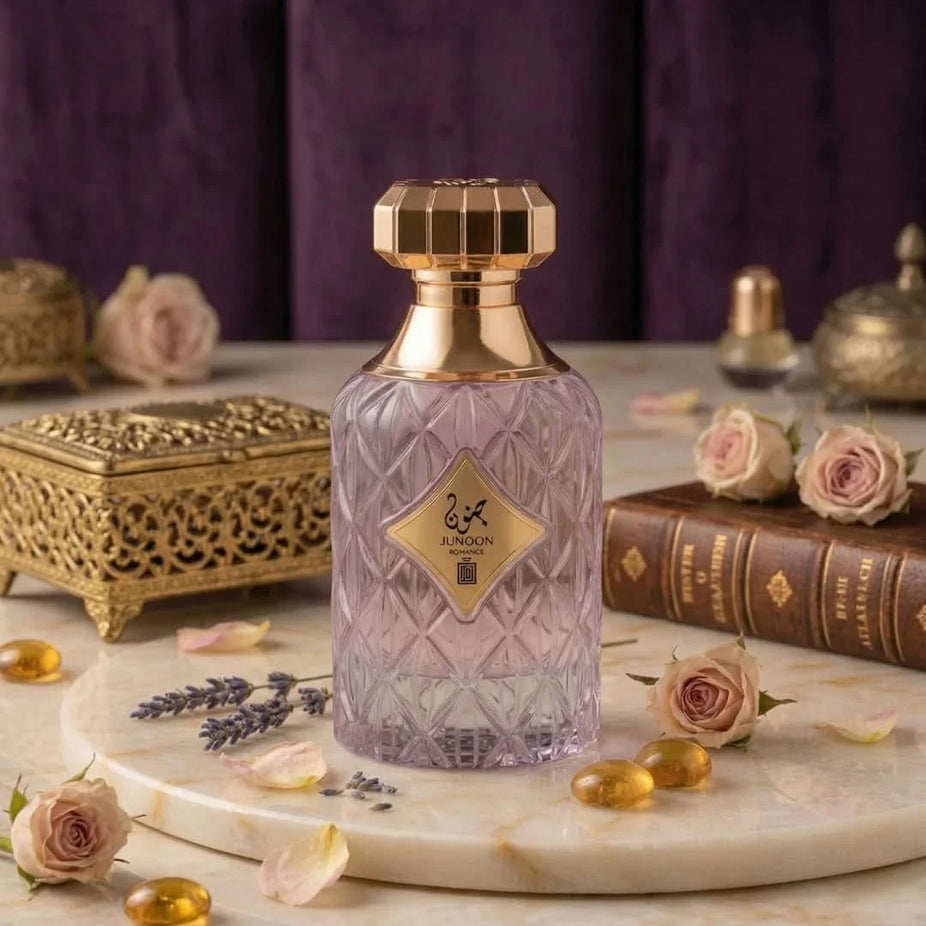 Aura by Aura Junoon Romance Eau De Parfum Spray 100ml, elegant glass bottle with floral and oriental fragrance details.