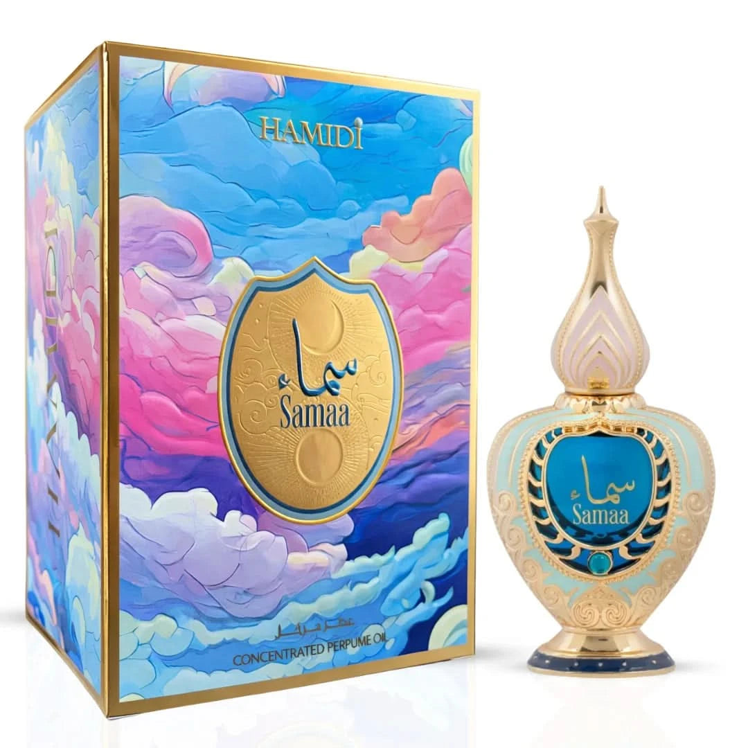 Hamidi Samaa Concentrated Perfume Oil 20ml bottle with elegant design and clear label, showcasing the luxurious fragrance packaging.