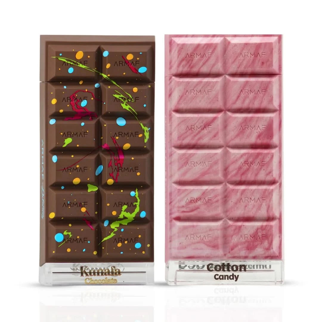 Bundle of Armaf Dubai Delicacy Cotton Candy and Kunafa Chocolate Eau de Parfum sprays, 70ml each, featuring sweet and rich fragrance bottles.