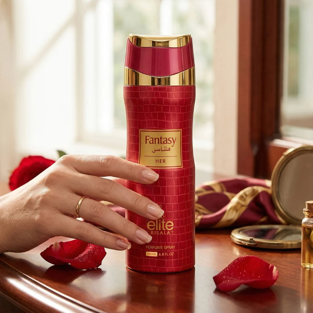 Elite Risala Fantasy For Her perfumed body spray 200ml deodorant bottle with floral and fruity scent design.