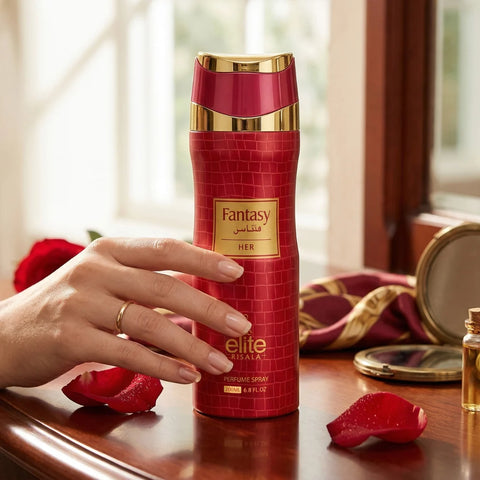 Elite Risala Fantasy For Her perfumed body spray 200ml deodorant bottle with floral and fruity scent design.