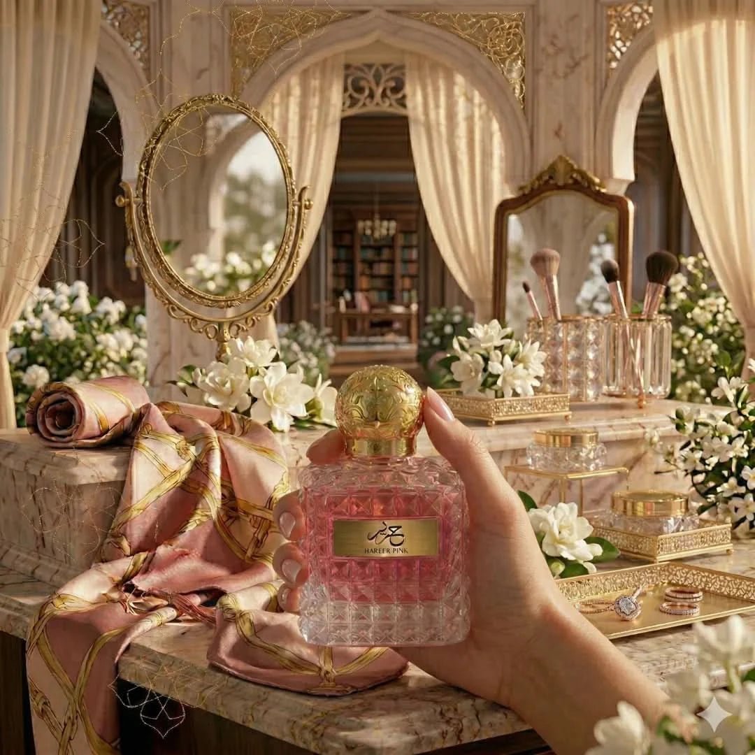 Aura Fragrances Hareer Pink Eau De Parfum spray bottle, 100ml, with pink packaging and elegant design.