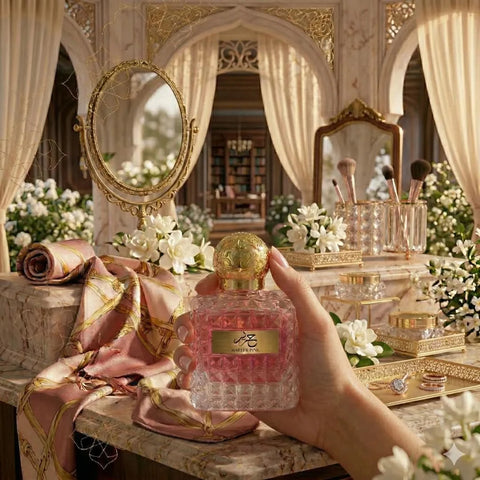 Aura Fragrances Hareer Pink Eau De Parfum spray bottle, 100ml, with pink packaging and elegant design.