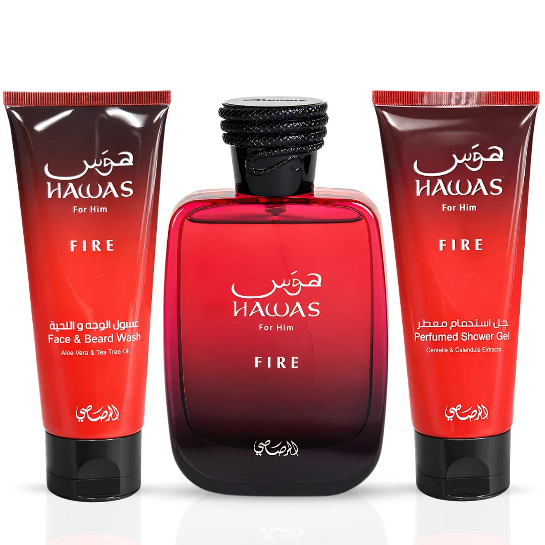 Hawas Fire 3-piece perfume gift set by Rasasi, featuring three elegant perfume bottles with decorative packaging.