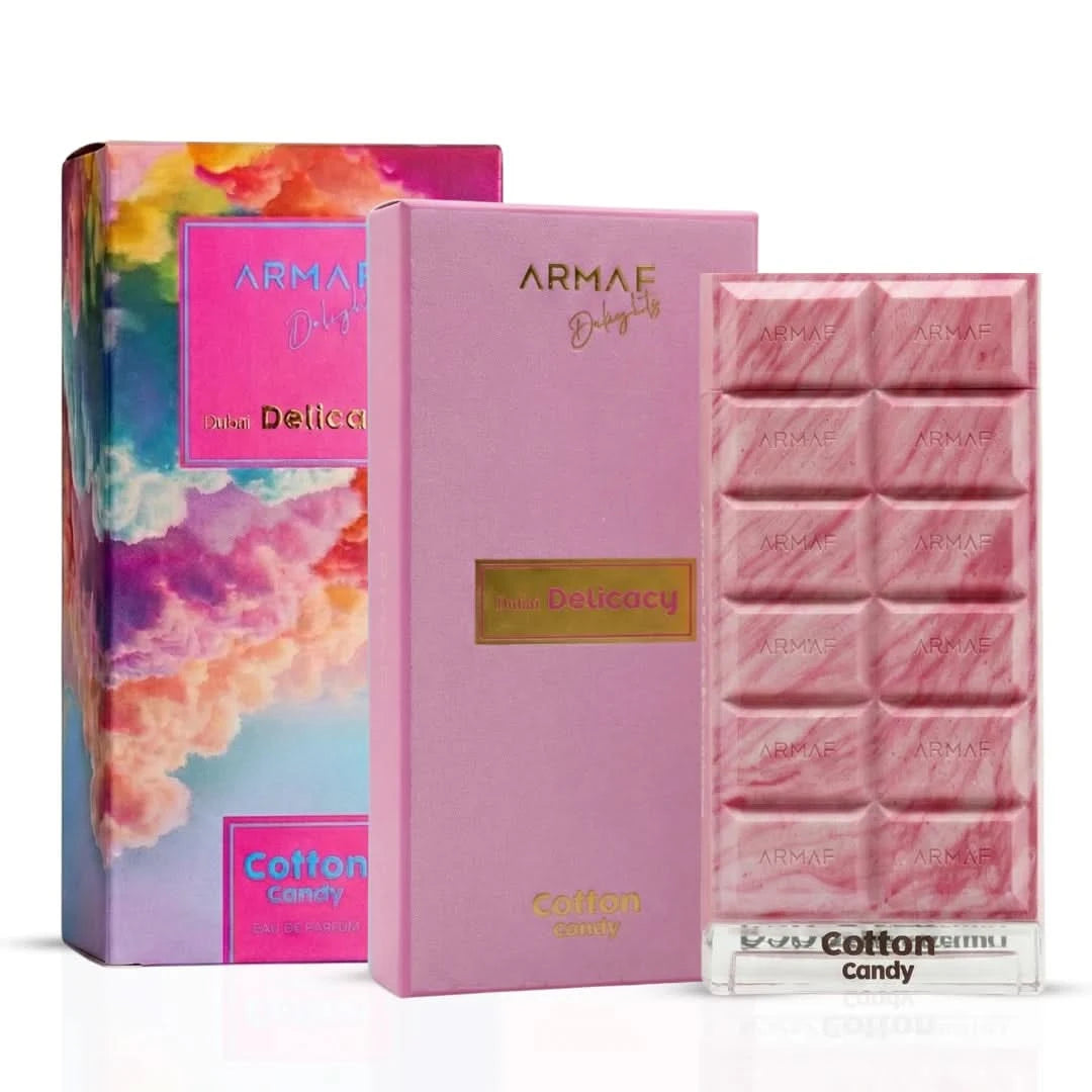 Bundle of Armaf Dubai Delicacy Cotton Candy and Kunafa Chocolate Eau de Parfum sprays, 70ml each, featuring luxurious floral and chocolate scents.