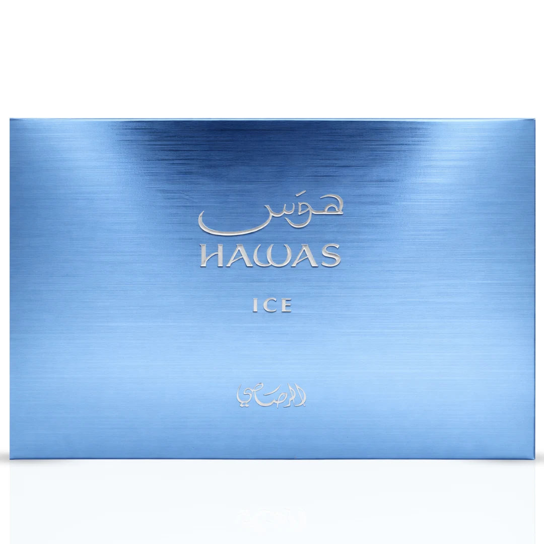Hawas Ice 3-piece perfume gift set by Rasasi, featuring elegant bottles of fragrances in a stylish presentation.