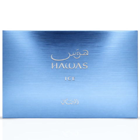 Hawas Ice 3-piece perfume gift set by Rasasi, featuring elegant bottles of fragrances in a stylish presentation.