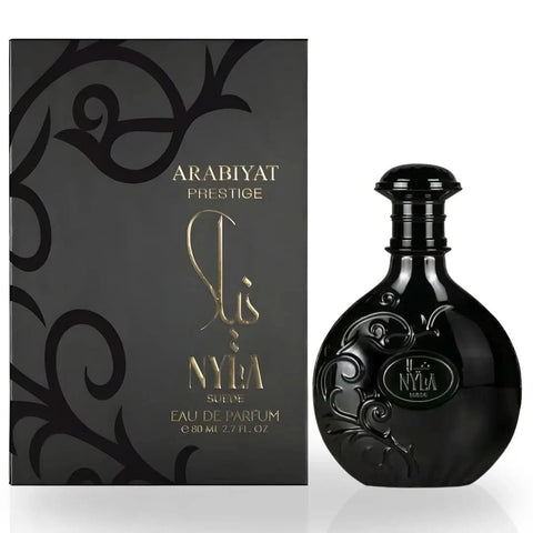 Arabiyat Prestige Nyla Suede Eau de Parfum spray 80ml with elegant bottle and gold accents, showcasing luxurious design.