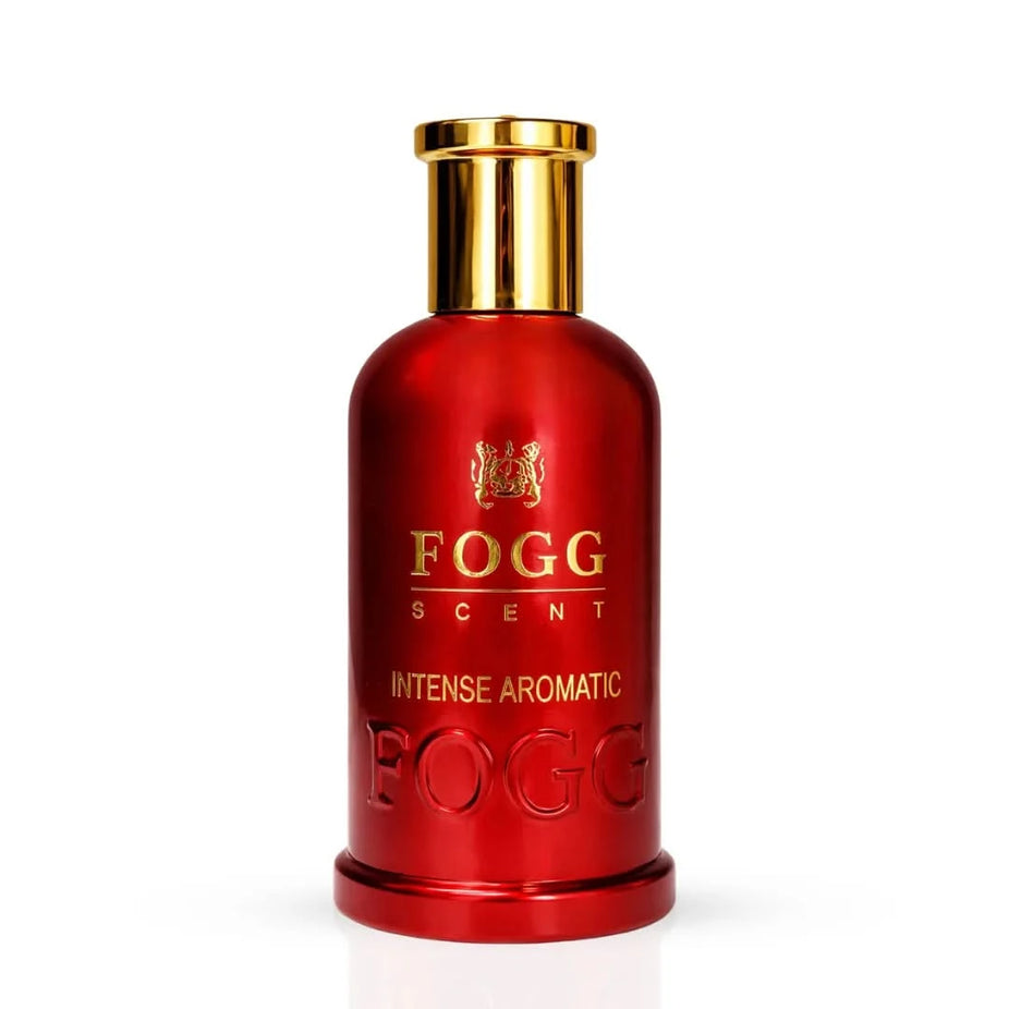 Fogg Intense Aromatic for Men Eau de Parfum spray, 100ml, featuring a sleek bottle with a dark blue cap and modern design.