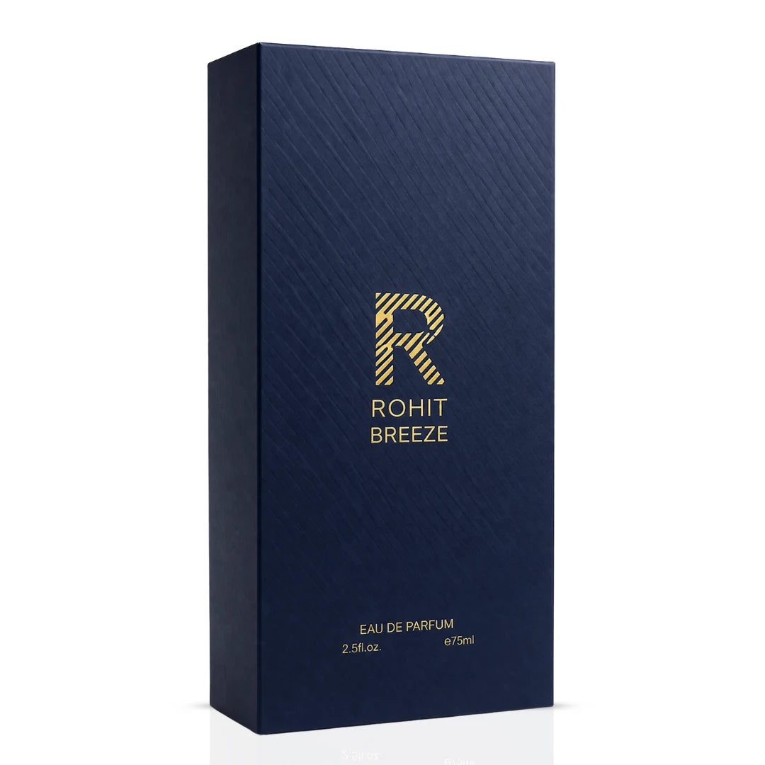 Rohit Breeze Eau de Parfum Spray by Bharara, 75ml, featuring a sleek bottle with floral and woody scent notes.