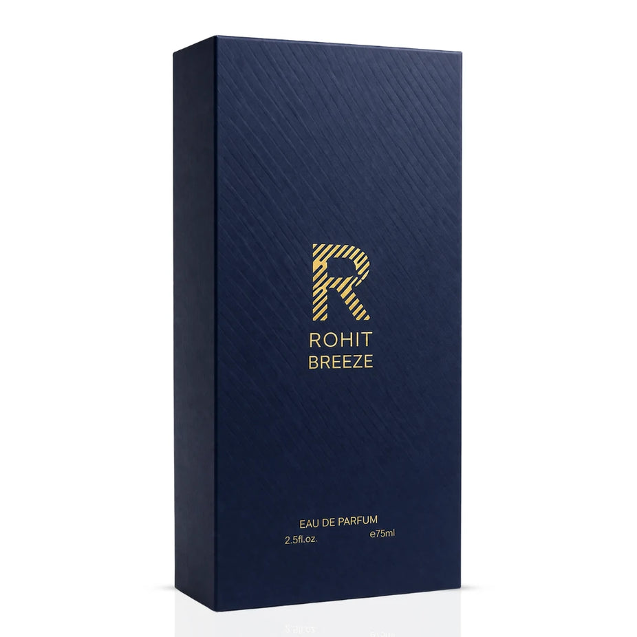 Rohit Breeze Eau de Parfum spray by Bharara, 75ml bottle, elegant design with floral and citrus notes visible in the image