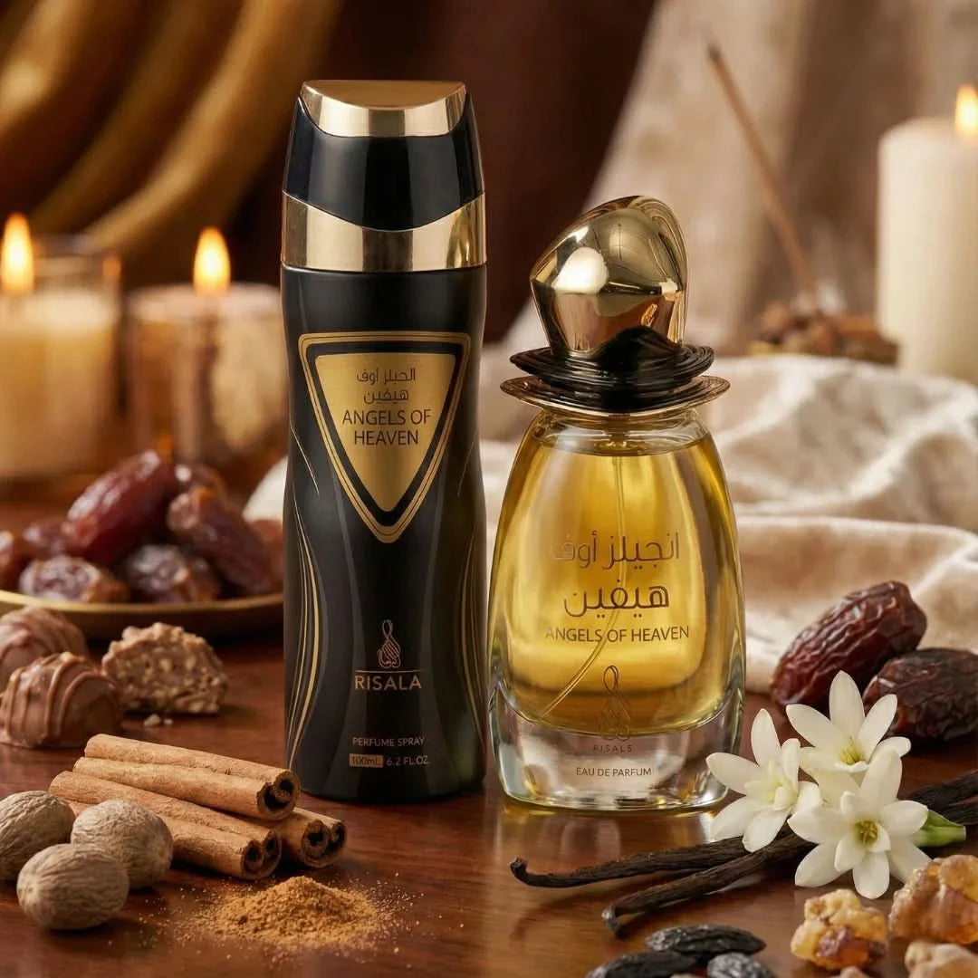 RISALA Angels Of Heaven Eau de Parfum and Body Spray bundle, featuring 100ml perfume and 200ml body spray with floral scent