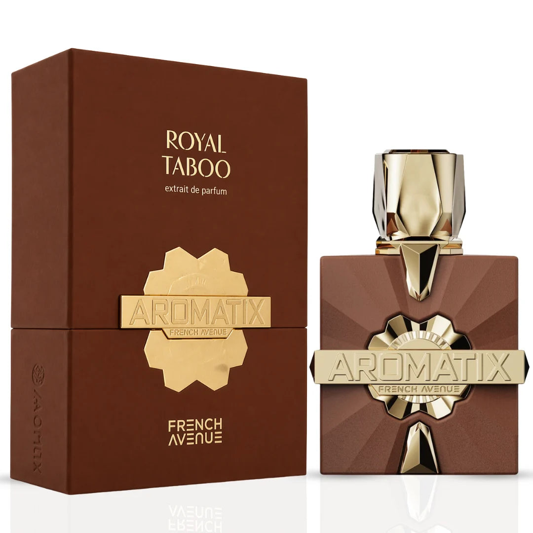 French Avenue Royal Taboo Extrait de Parfum EDP spray 100ml, elegant bottle with floral and woody scent details.