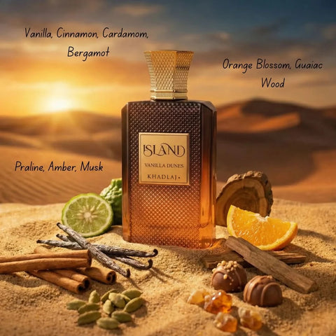 Khadlaj Island Dreams and Vanilla Dunes Eau de Parfum spray bundle, 100ml bottles, featuring tropical and vanilla fragrance themes.