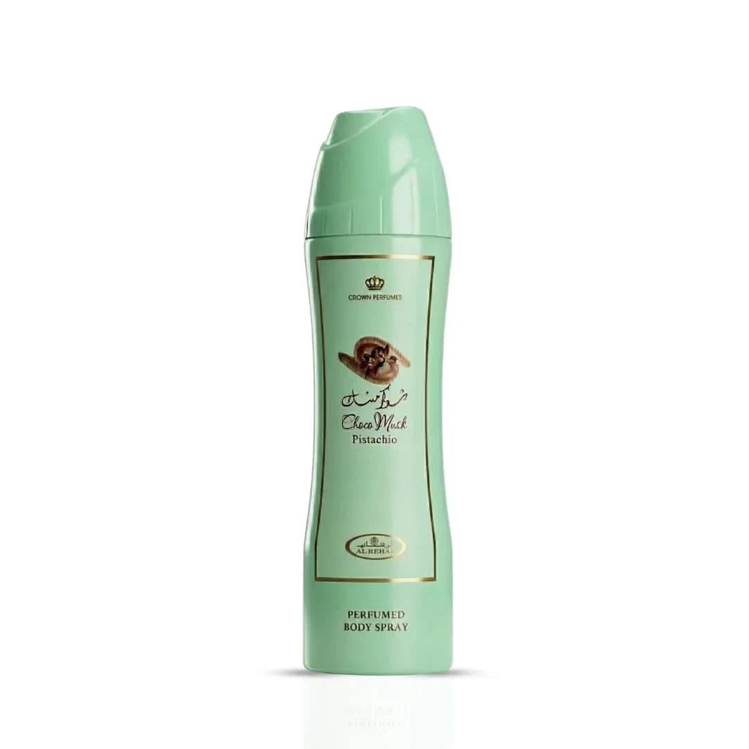 Al Rehab Choco Musk Pistachio perfumed body spray 200ml deodorant with chocolate and pistachio scent, in a sleek spray bottle.