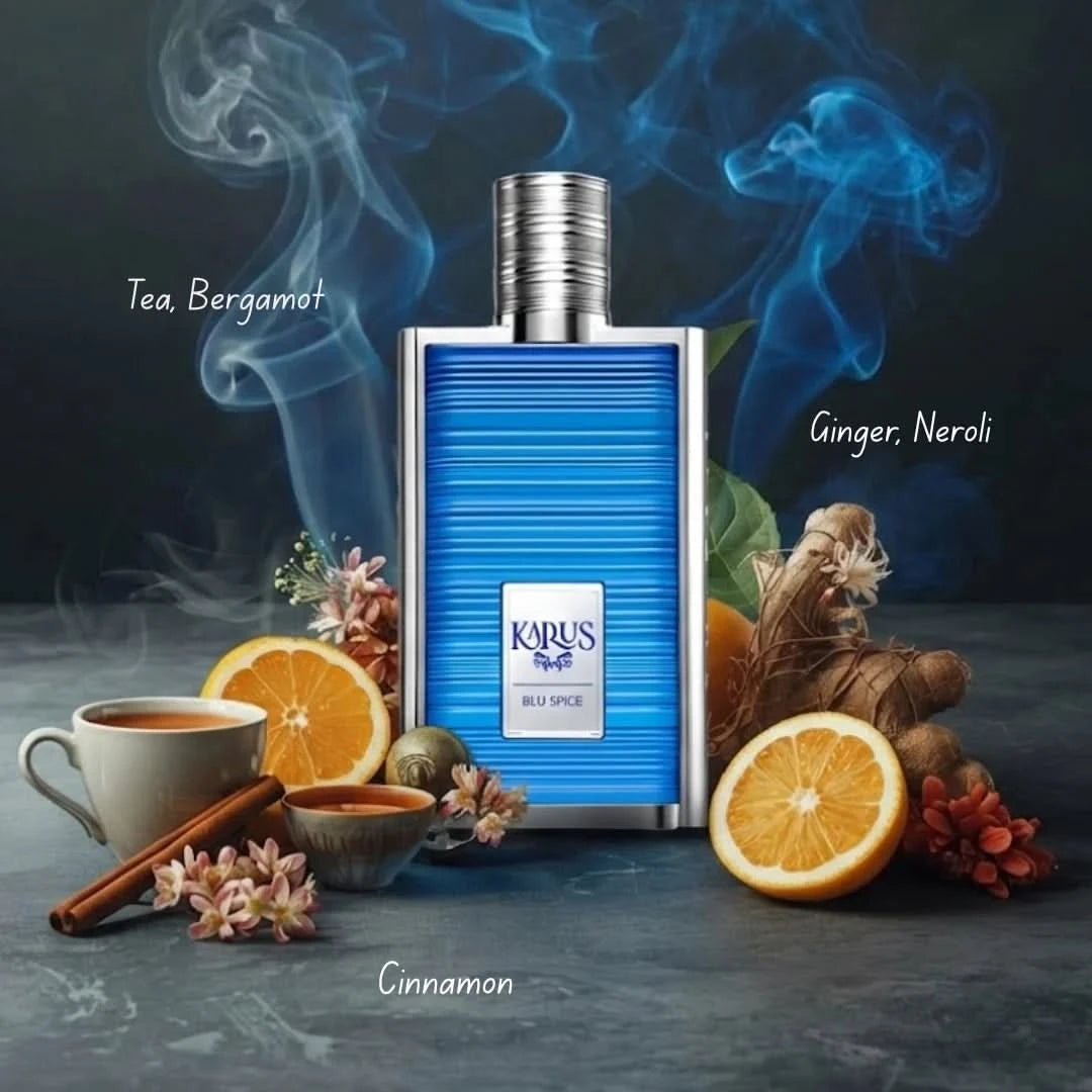 Bundle of Khadlaj Karus Blu Spice and Karus Oud Fire Eau de Parfum sprays, 100ml bottles with aromatic fragrance designs.