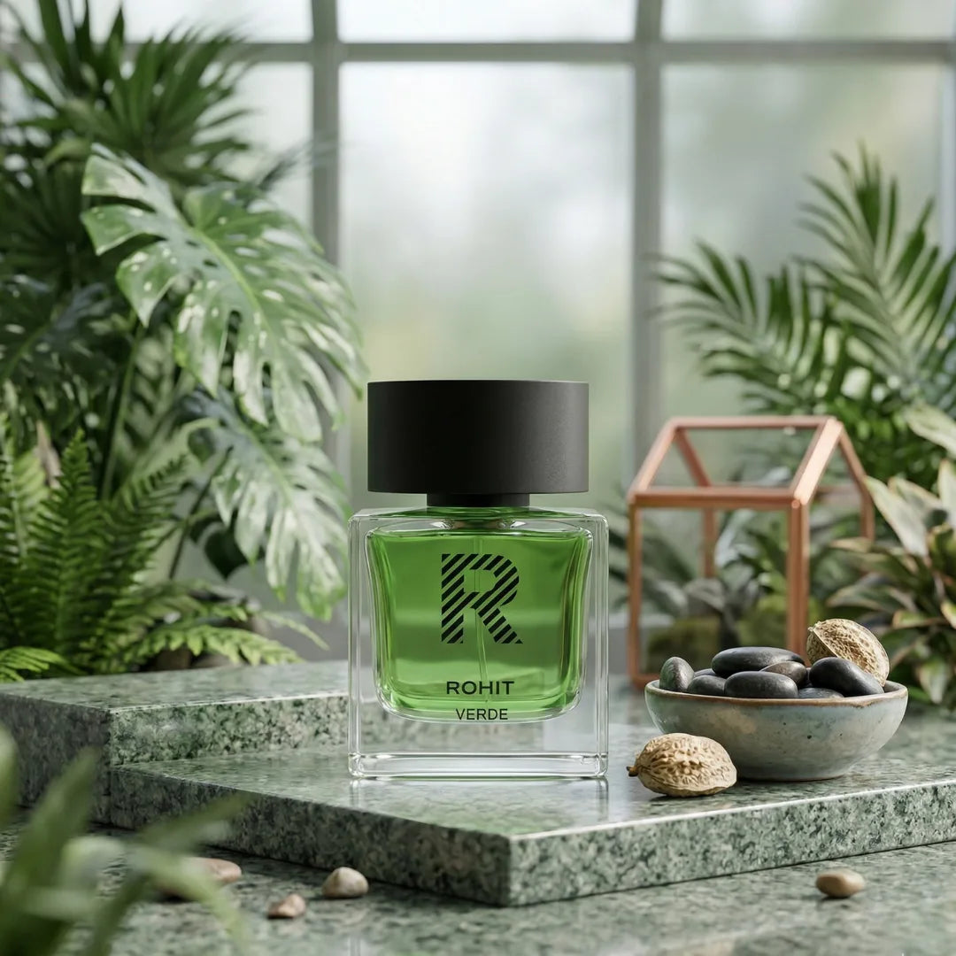 Rohit Verde Eau de Parfum spray by Bharara, 100ml, featuring a sleek bottle with vibrant green accents.
