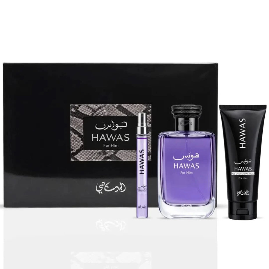 Rasasi Hawas for Men 3-piece perfume gift set with bottles of cologne and aftershave in stylish packaging.