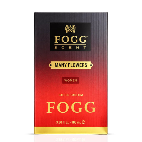Fogg Many Flowers women’s Eau de Parfum spray 100ml with floral fragrance and elegant bottle design.