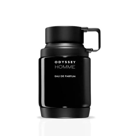 Odyssey Homme Black Eau de Parfum spray by Armaf, 100ml, featuring sleek black bottle and elegant design.