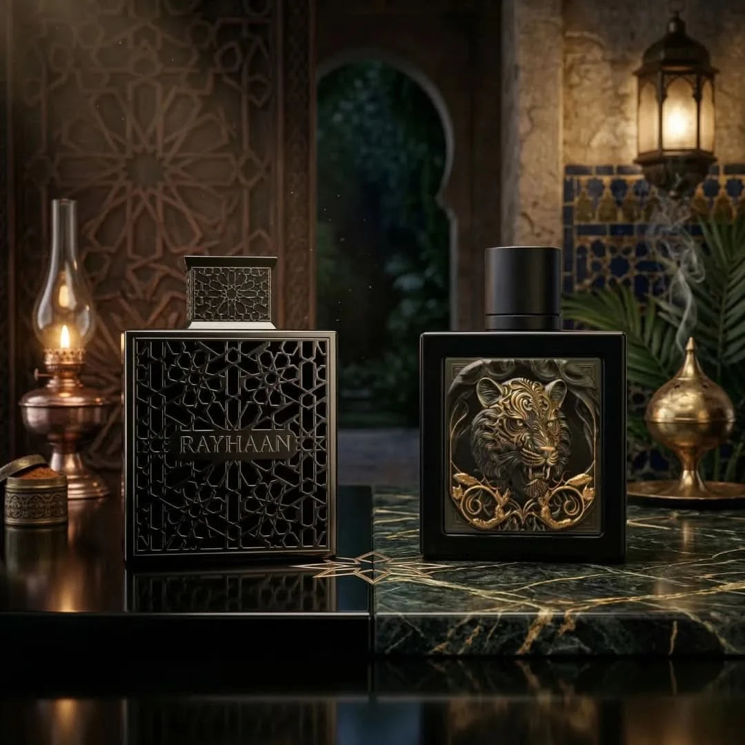 Rayhaan Obsidian and Rayhaan Tiger Eau de Parfum Spray bundle, 100ml, featuring two distinct Rayhaan fragrance bottles.